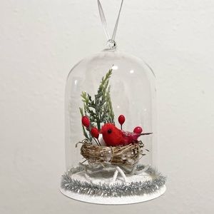 Christmas ornament Glass cloche dome red bird nest holiday home decor